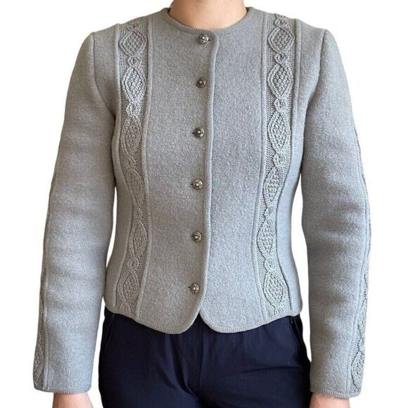 Vintage 80s Womens Woodstock Boiled Wool Gray Bavarian Cable Knit Cardigan Sz M - Picture 1 of 8